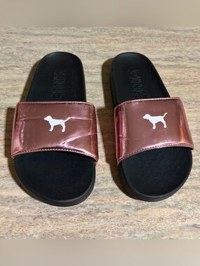 PINK Victoria's Secret Metallic Rose Gold Dog Logo Slide Sandals
